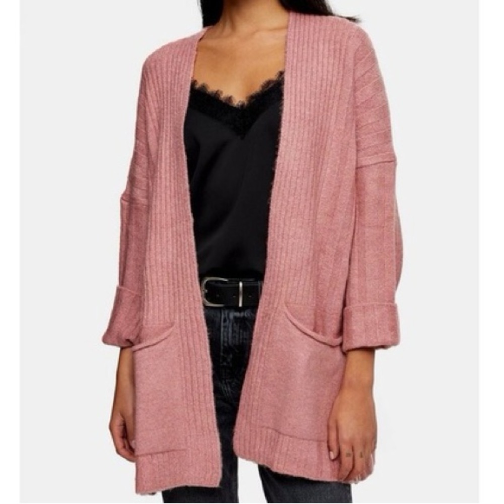 Topshop Dusty Pink Ribbed Oversized Longline Cardigan Size M